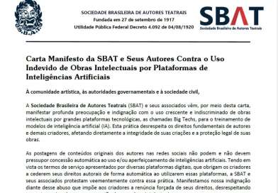 Carta Manifesto da SBAT e Seus Autores Contra o Uso Indevido de Obras Intelectuais por Plataformas de Inteligências Artificiais