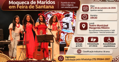 Espetáculo Moqueca de Maridos será apresentado gratuitamente em Feira de Santana nos dias 29 e 30 de outubro, com música ao vivo, Libras e narrativas indígenas.